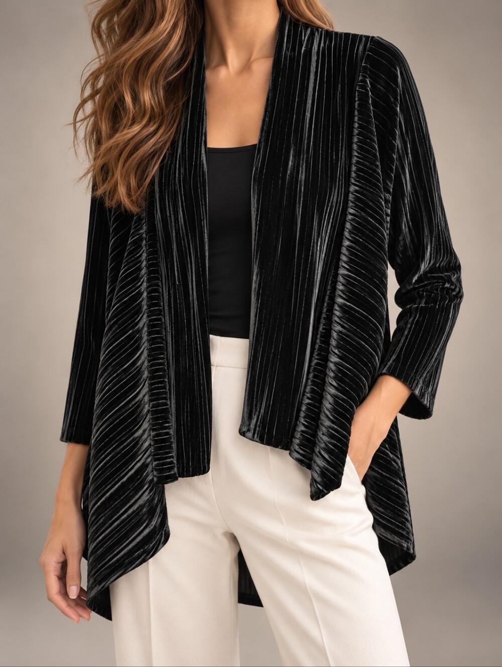 Andrea Jovine Black Pleated Velvet Waterfall Cardigan Open Front XL